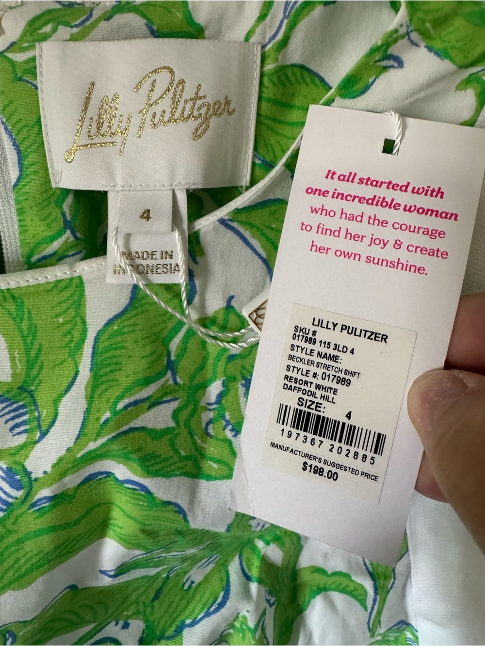 NWT Lilly Pulitzer White Shift Dress with Bright Green Floral Pattern Size 4 - Picture 4 of 9